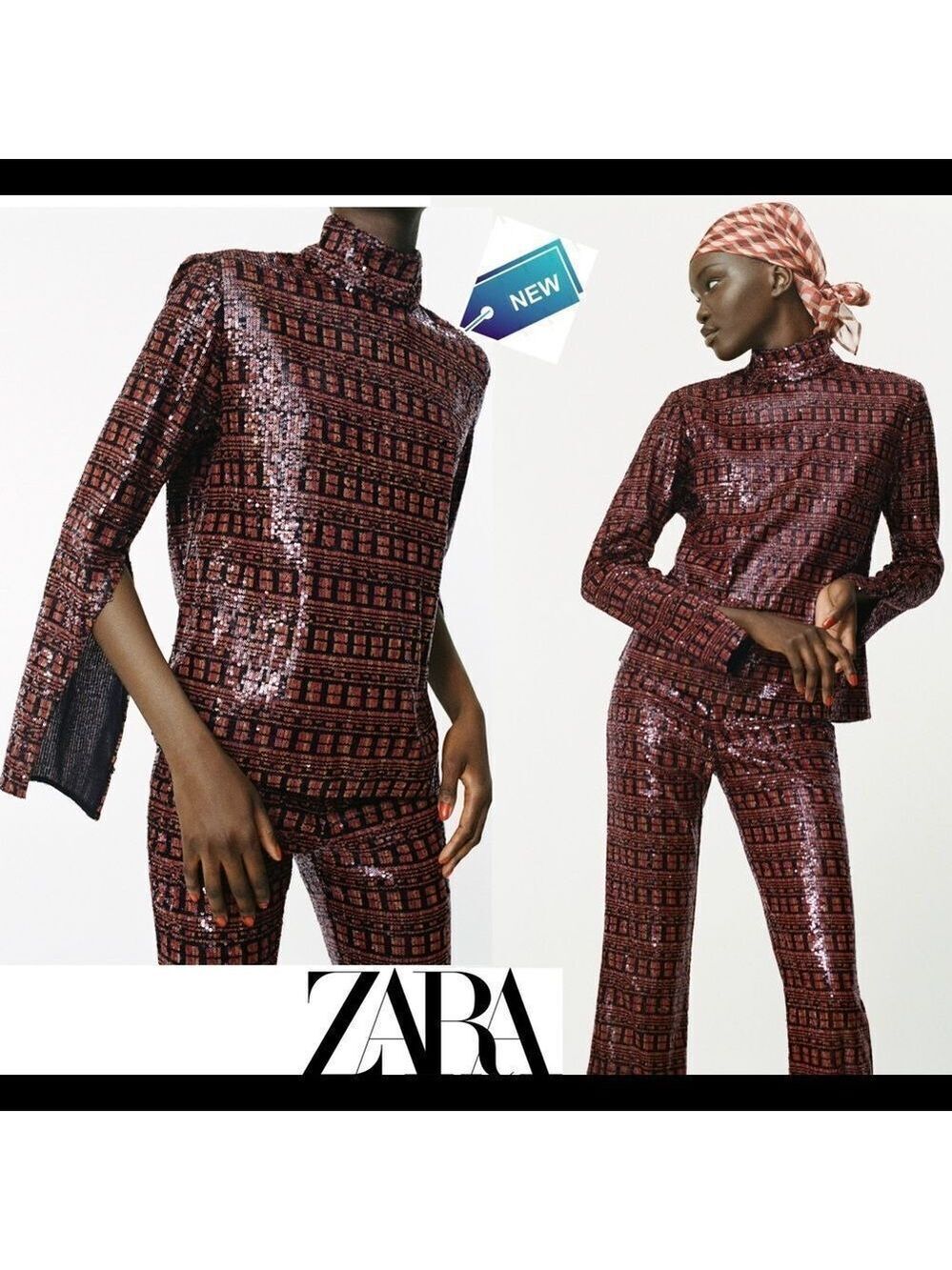 ZARA Red orange black high collar long sleeve sequin top size small NWT